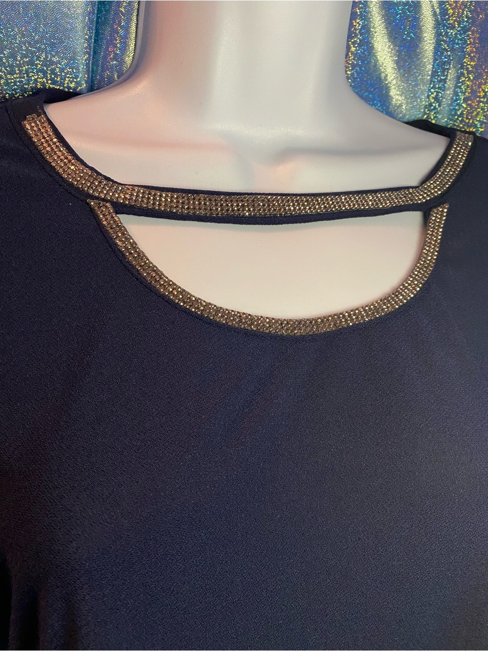 Embellished Cutout Neckline Top in Navy with silvertone Trim